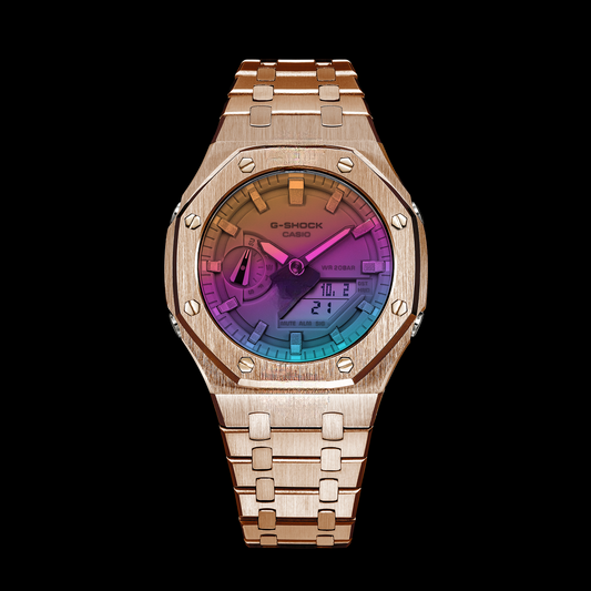Gshock CasiOak Rosegold - Cadran arc-en-ciel (bracelet en acier)