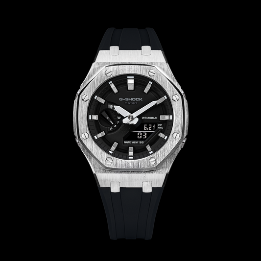 Gshock CasiOak Silver - Cadran noir (bracelets en résine noire et index argentés)