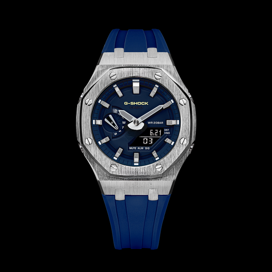 Gshock CasiOak Silver - Cadran bleu (bracelets en résine bleue et index argentés)
