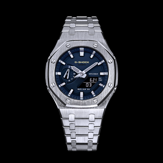 Gshock CasiOak Silver - Blue face (Steel & Silver Time Markers)