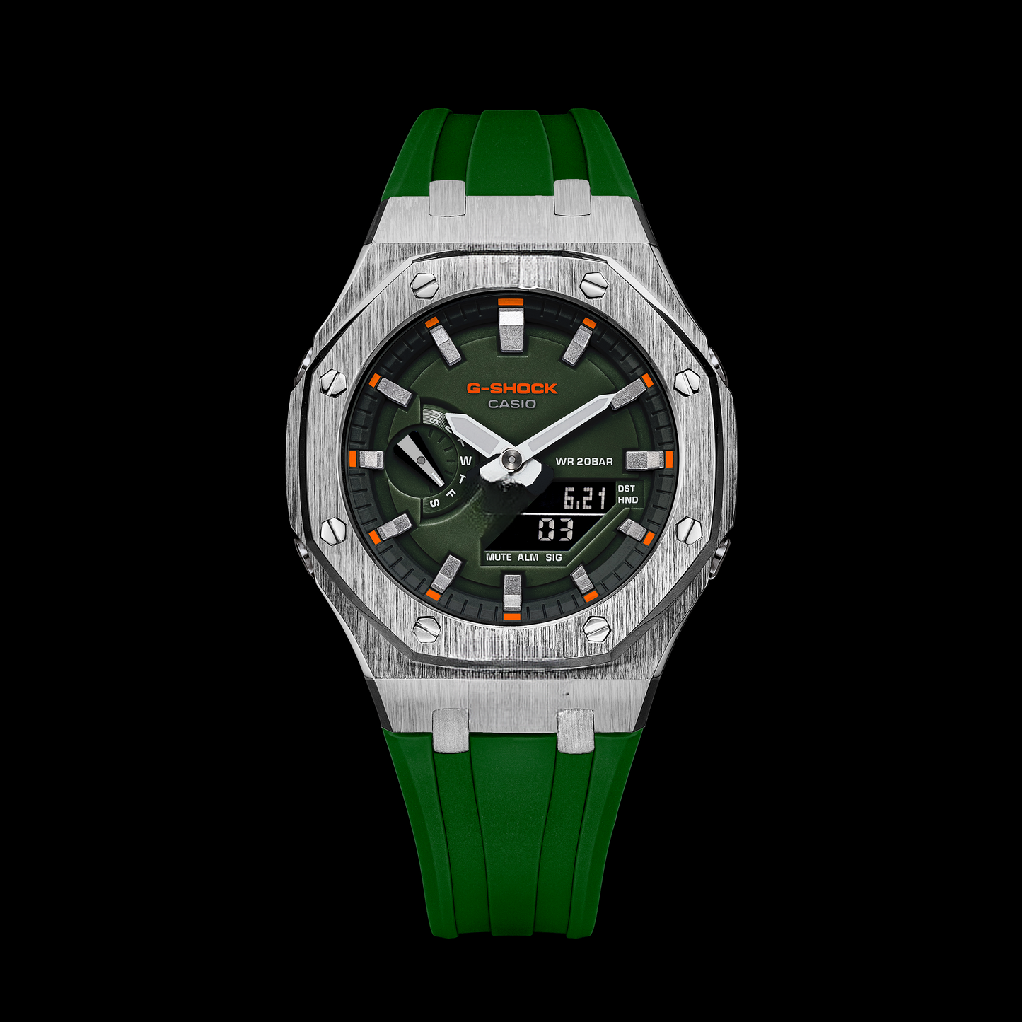 Gshock CasiOak Silver - Cadran vert (bracelets en résine verte et index argentés)