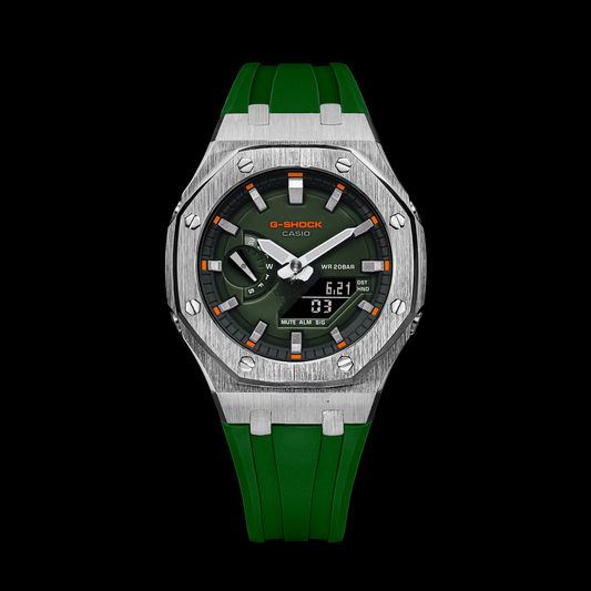 Gshock CasiOak Silver - Cadran vert (bracelets en résine verte et index argentés)