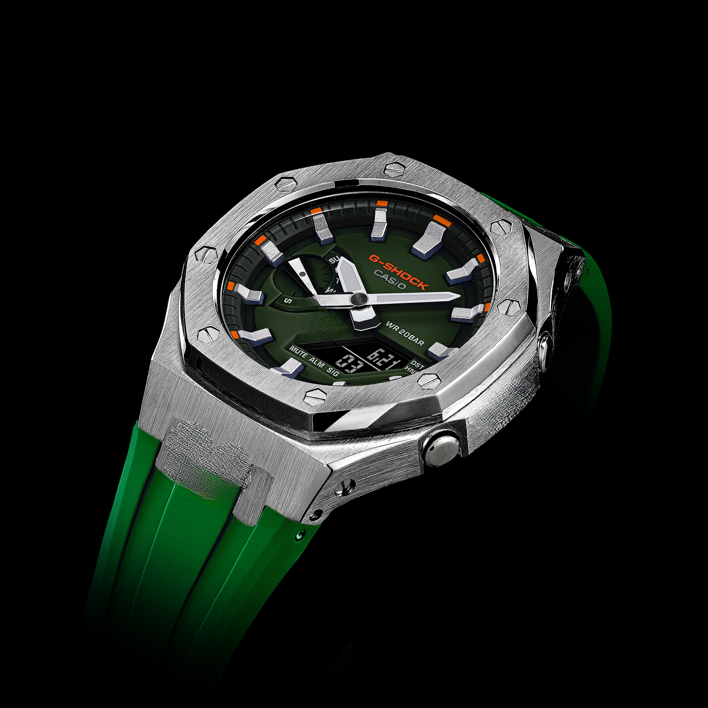 Gshock CasiOak Silver - Cadran vert (bracelets en résine verte et index argentés)