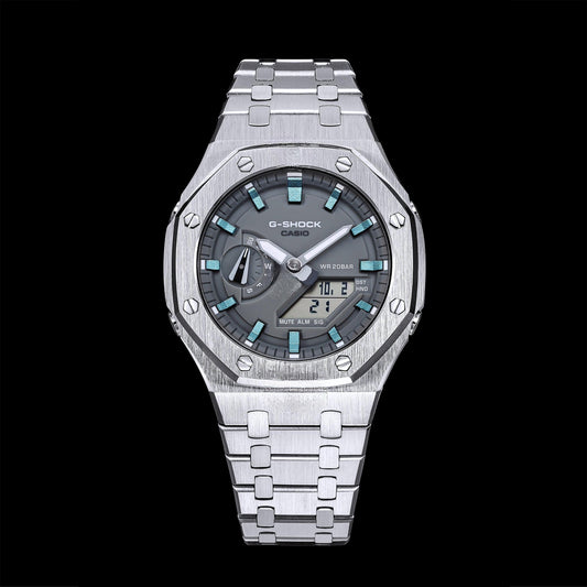 Gshock CasiOak Silver - Cadran gris (Indicateurs de temps acier et bleu glacier)