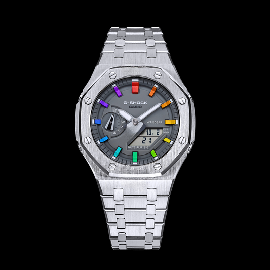 Gshock CasiOak Silver - Cadran gris (acier et arc-en-ciel)