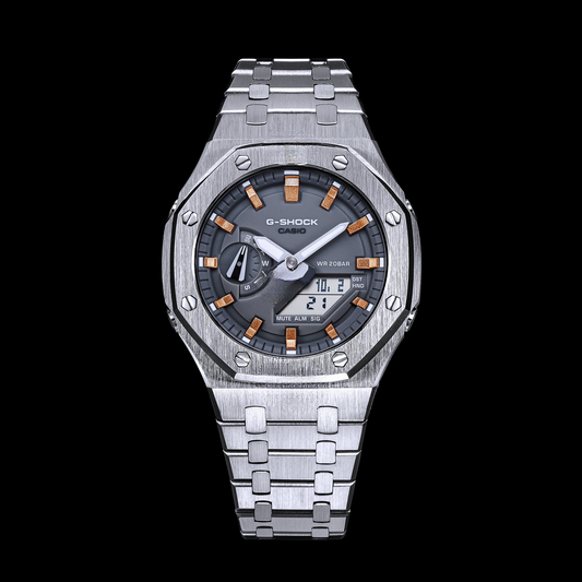 Gshock CasiOak Silver - Cadran gris (index acier et or rose)