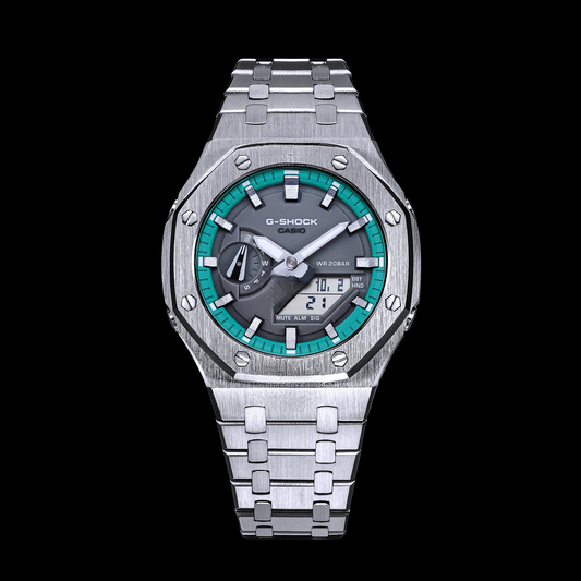 Gshock CasiOak Silver - Cadran gris (index acier et Tiffany, marqueurs de temps argentés)