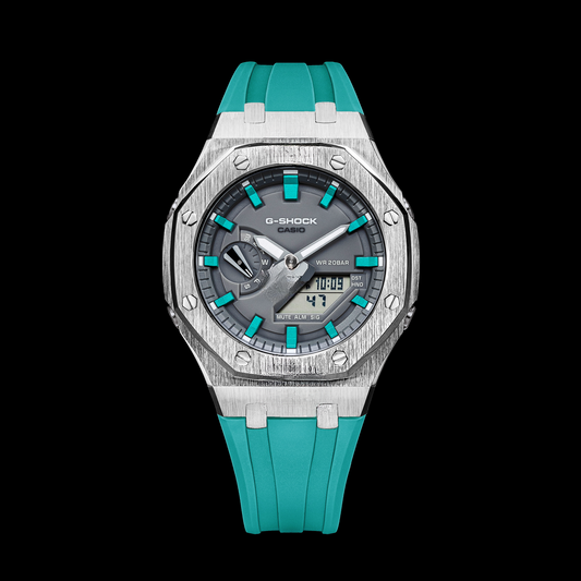 Montre Gshock CasiOak Silver - Cadran gris (bracelets et index en résine bleu Tiffany)