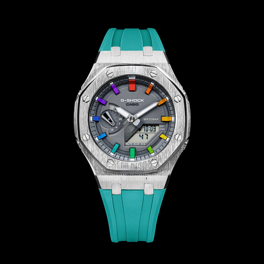 Gshock CasiOak Silver - Cadran gris (bracelets en résine Tiffany et arc-en-ciel)