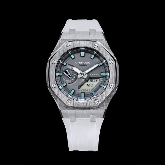 Montre Gshock CasiOak Silver - Cadran gris (bracelets en résine blanche et index bleu glacier)