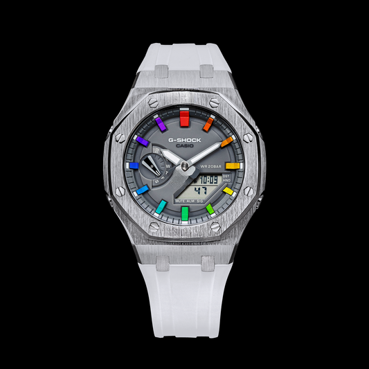 Gshock CasiOak Silver - Cadran gris (bracelets en résine blanche et arc-en-ciel)