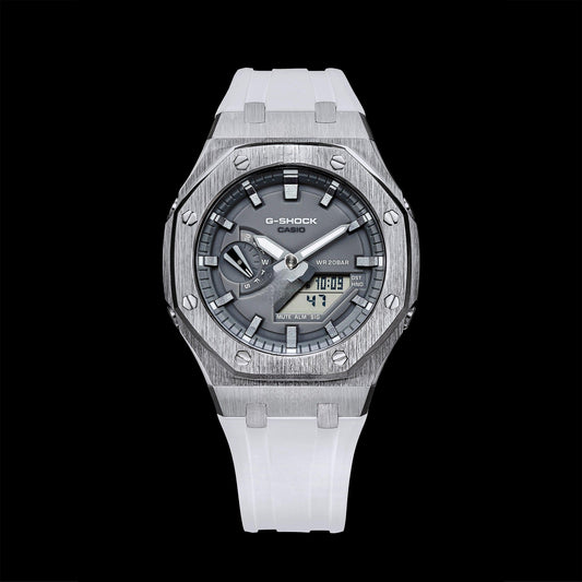 Gshock CasiOak Silver - Grey face (White Resin Straps & Silver Time Markers)