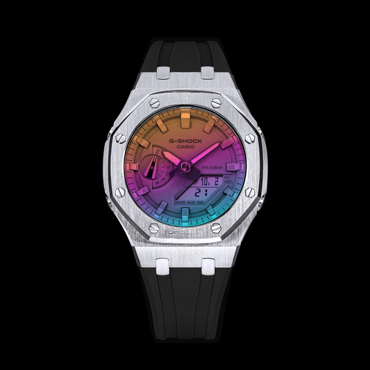 Gshock CasiOak Silver - Cadran arc-en-ciel (bracelets en résine noire)