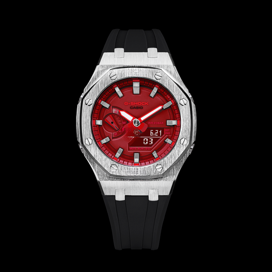 Gshock CasiOak Silver - Cadran rouge (bracelets en résine noire et index argentés)