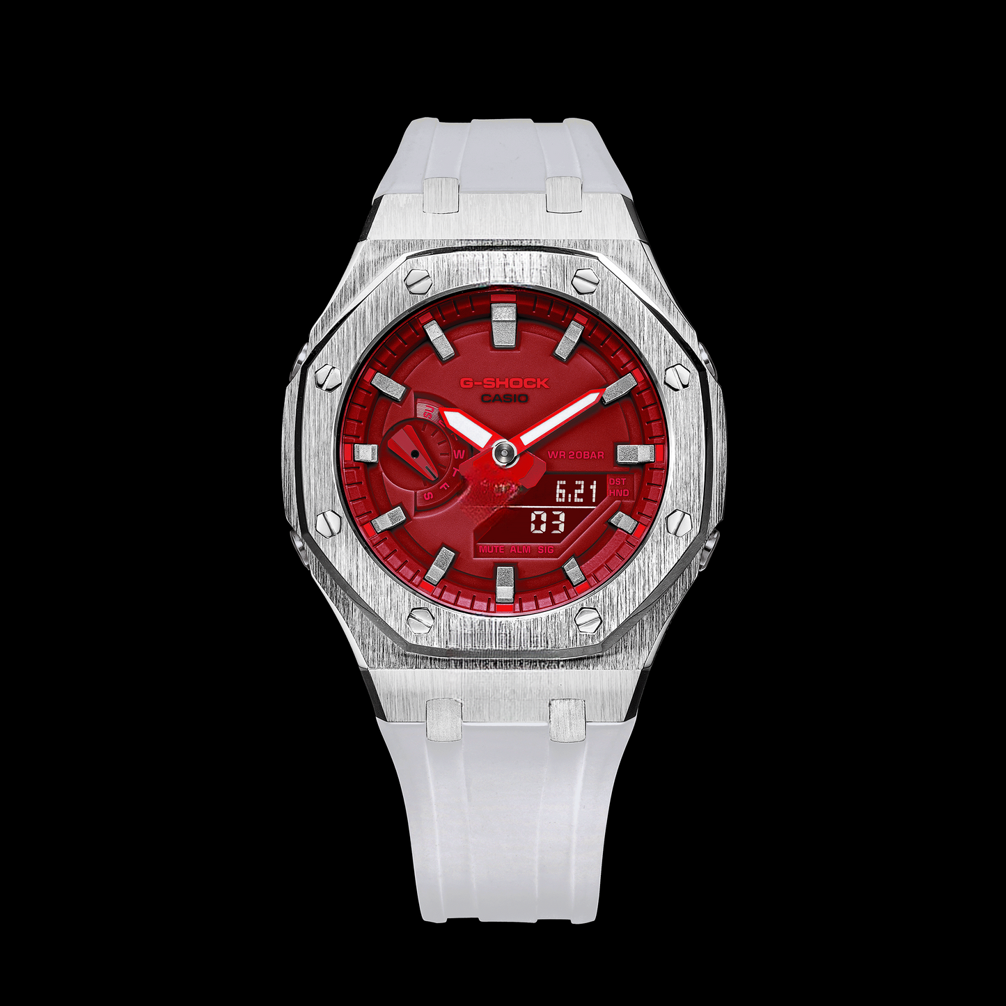 Gshock CasiOak Silver - Red face (White Resin Straps & Silver Time Markers)