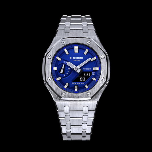 Gshock CasiOak Silver - Cadran bleu roi (index acier et argent)