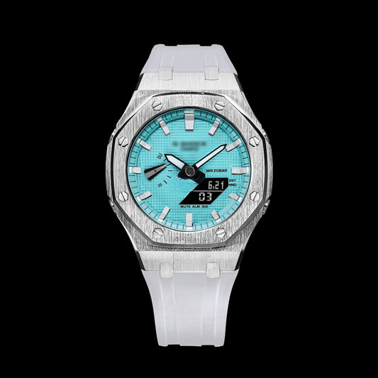 Montre Gshock CasiOak Silver - Cadran et anneau bleu Tiffany (bracelets en résine blanche et index blancs)