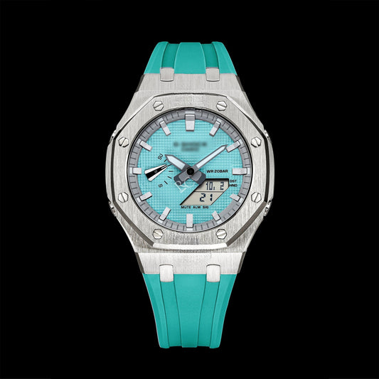Montre Gshock CasiOak Silver - Cadran bleu Tiffany (bracelets en résine bleu Tiffany et index blancs)