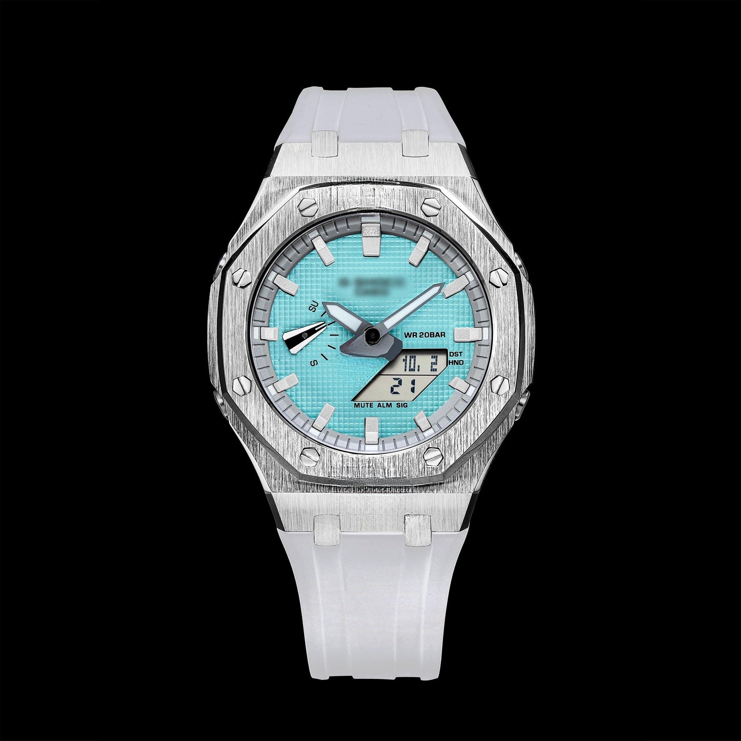 Montre Gshock CasiOak Silver - Cadran bleu Tiffany (bracelets en résine blanche et index blancs)