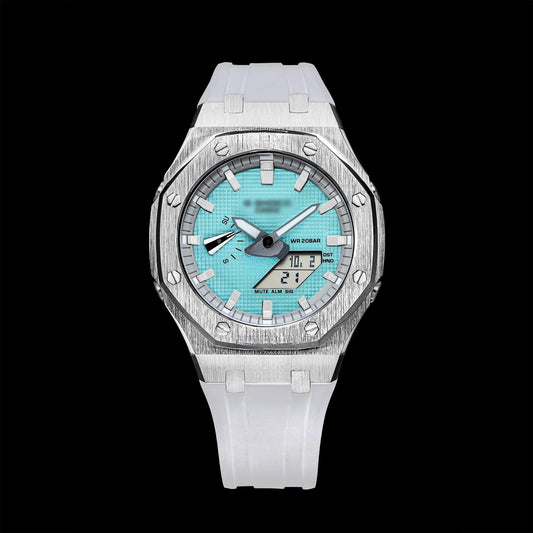 Montre Gshock CasiOak Silver - Cadran bleu Tiffany (bracelets en résine blanche et index blancs)