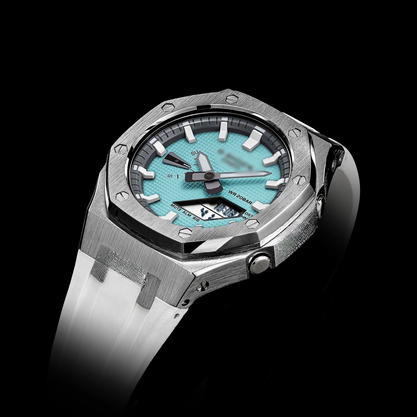 Montre Gshock CasiOak Silver - Cadran bleu Tiffany (bracelets en résine blanche et index blancs)