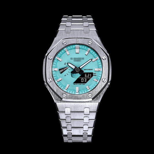 Gshock CasiOak Silver - Cadran et bague Tiffany (acier et index blancs)