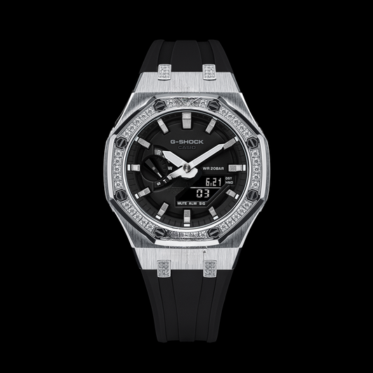 Gshock CasiOak Silver Diamond - Black face (Black Resin Straps & Silver Time Markers)