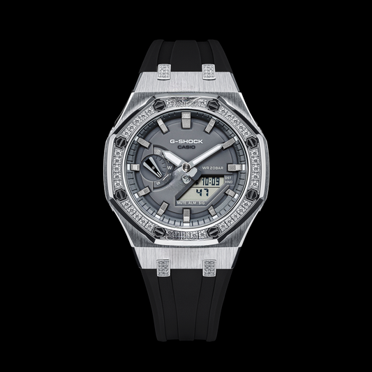 Montre Gshock CasiOak Silver Diamond - Cadran gris (bracelets en résine noire et index argentés)
