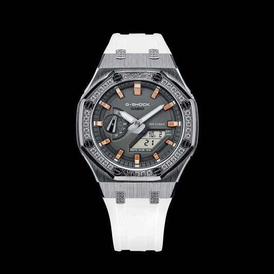 Gshock CasiOak Silver Diamond -Grey face (White Resin Straps & Rose Gold Time Markers)