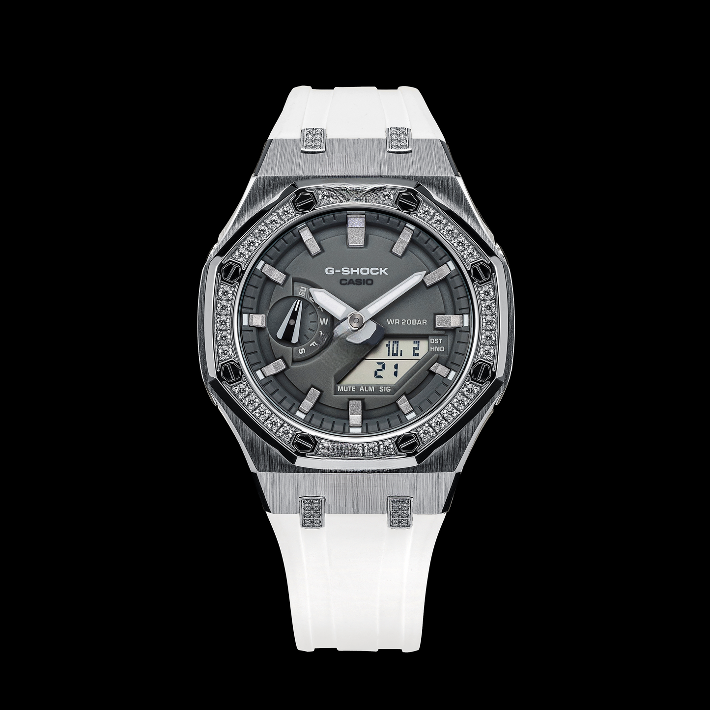 Montre Gshock CasiOak Silver Diamond - Cadran gris (bracelets en résine blanche et index argentés)