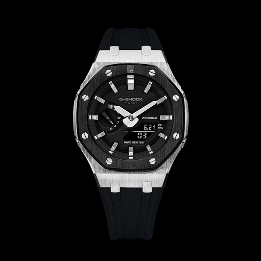 Gshock CasiOak Silver/Black - Black face (Black Resin Straps & Silver Time Markers)