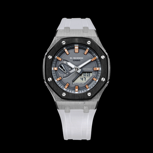 Montre Gshock CasiOak Argent/Noir - Cadran gris (bracelets en résine blanche et index or rose)