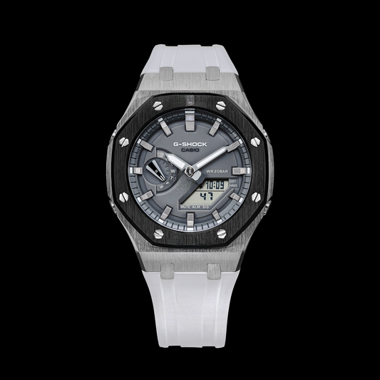 Montre Gshock CasiOak Argent/Noir - Cadran gris (bracelets en résine blanche et index argentés)