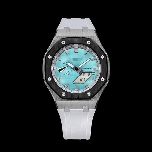Montre Gshock CasiOak Argent/Noir - Cadran Tiffany (bracelets en résine blanche et index argentés)