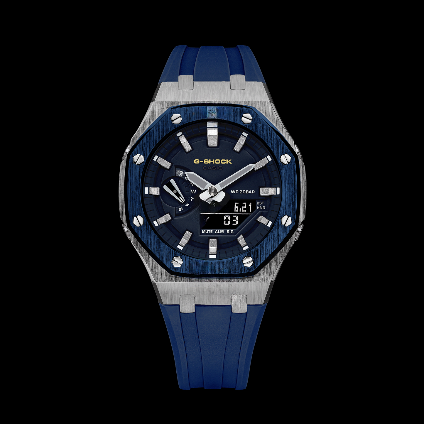 Gshock CasiOak Argent/Bleu - Cadran bleu (bracelets en résine bleue et index argentés)