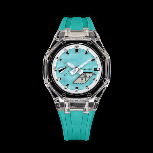 Mini CasiOak Jellyfish - Cadran bleu Tiffany avec boîtier transparent (bracelets en résine bleu Tiffany et index argentés brillants)