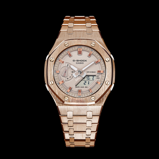 Mini CasiOak Rose Gold - Cadran rose pâle (Indicateurs de temps en acier et or rose brillant)